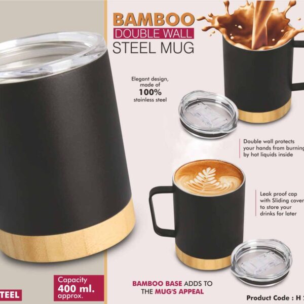 Bamboo Double wall Steel Mug with Leakproof Lid | 304 steel inside...