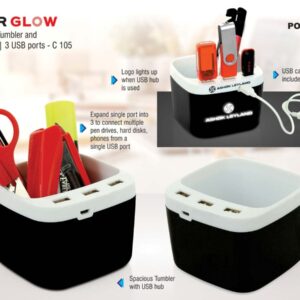 C105 – PowerGlow USB hub with tumbler and logo highlight | 3 USB...