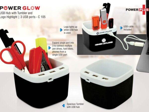 C105 – PowerGlow USB hub with tumbler and logo highlight | 3 USB...