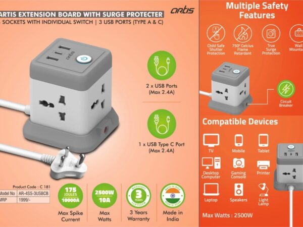 C181 – Artis Extension board with surge protecter | 4 sockets with...