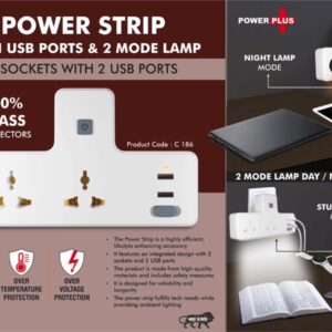 C186 – Power Strip with USB ports & Night Lamp | 2 sockets with 2...