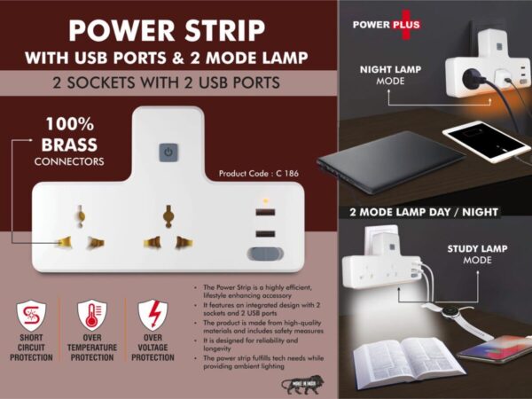 C186 – Power Strip with USB ports & Night Lamp | 2 sockets with 2...