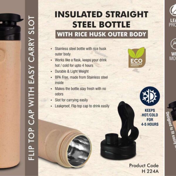 Insulated Straight Steel bottle with Rice husk outer body | Flip...